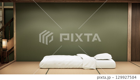 Japanese Minimalist Bedroom Interior with Wooden Wall Panels, Platform Bed, and Zen Lighting Design.3D rendering 129927584