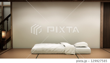 Japanese Minimalist Bedroom Interior with Wooden Wall Panels, Platform Bed, and Zen Lighting Design.3D rendering 129927585