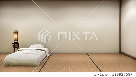 Japanese Minimalist Bedroom Interior with Wooden Wall Panels, Platform Bed, and Zen Lighting Design.3D rendering Japanese Minimalist Bedroom Interior with Wooden Wall Panels, Platform Bed, and Zen Lighting Design.3D rendering 129927587