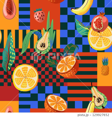 Seamless vector pattern with tropical fruits and colorful square background Seamless vector pattern with tropical fruits and colorful square background 129927652