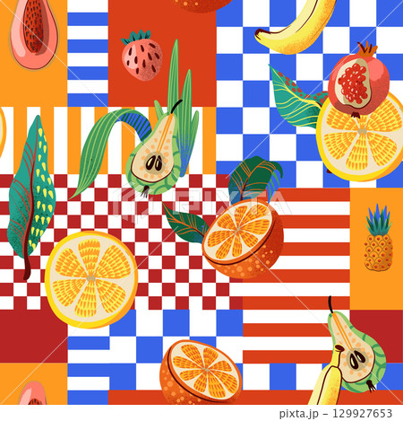 Seamless vector pattern with tropical fruits and colorful square background Seamless vector pattern with tropical fruits and colorful square background 129927653