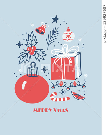 Minimalist Christmas illustration in a red and navy blue palette. 129927687