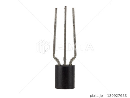 Electronic transistor with three leads isolated on white Electronic transistor with three leads isolated on white 129927688