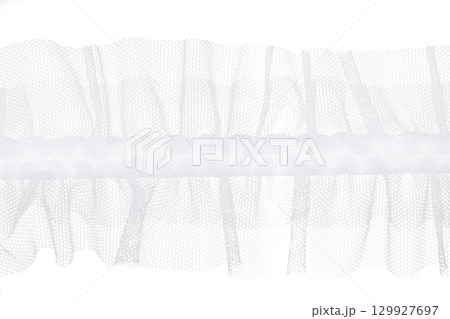 White gathered tulle lace trim isolated on white 129927697