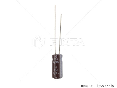 Electrolytic capacitor with two leads isolated on white 129927710