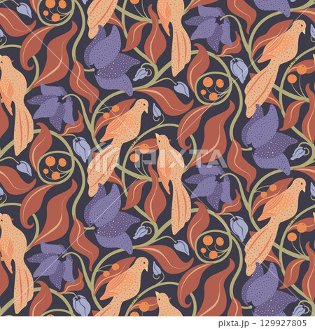Birds and flowers vector seamless pattern. Elegant botanical detailed repeat design tile with birds, purple flowers, berries, leaves on dark background. Decorative maximalist vintage nature print Birds and flowers vector seamless pattern. Elegant botanical detailed repeat design tile with birds, purple flowers, berries, leaves on dark background. Decorative maximalist vintage nature print 129927805