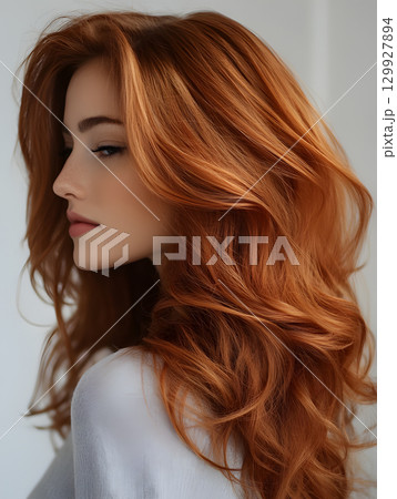 young girl with well-groomed fiery red hair. Woman with hairstyle with curls. Portrait for design 129927894