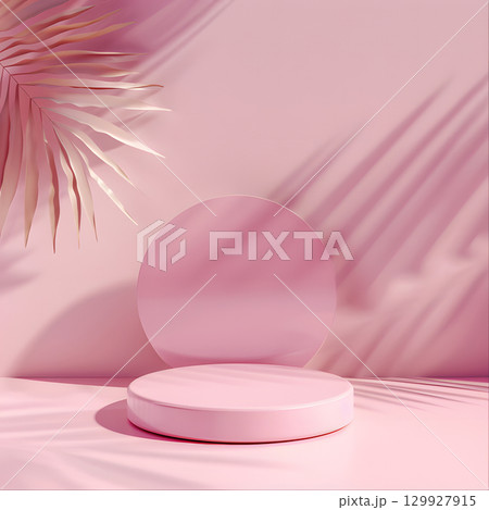 pink podium on colorful background. Conceptual banner for holidays. Pedestal for displaying good. 129927915
