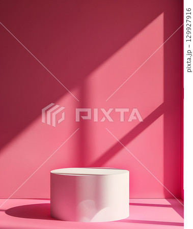 pink podium on colorful background. Conceptual banner for holidays. Pedestal for displaying good. 129927916