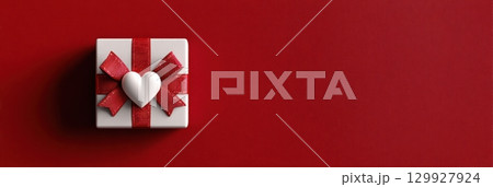 Happy Valentines day template with gift box. Romantic design decorative objects, red heart. Sale long banner, surprise poster, flyer and brochure. Mock up holiday. Front view. 3D. Panoramic Happy Valentines day template with gift box. Romantic design decorative objects, red heart. Sale long banner, surprise poster, flyer and brochure. Mock up holiday. Front view. 3D. Panoramic 129927924