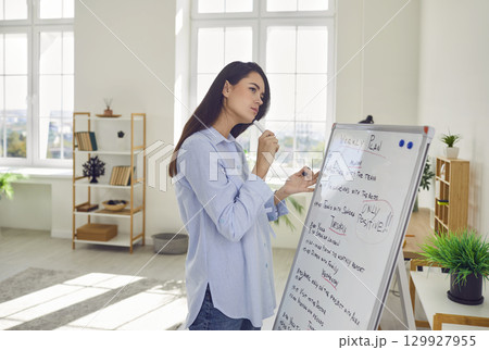 Woman Strategizing Weekly Schedule on Whiteboard 129927955