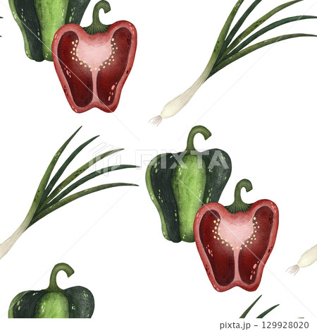 Seamless watercolor pattern of red and green bell peppers and green onions on a white background. Fresh and vibrant, perfect for culinary designs, farm-to-table projects, and kitchen decor. Hand 129928020