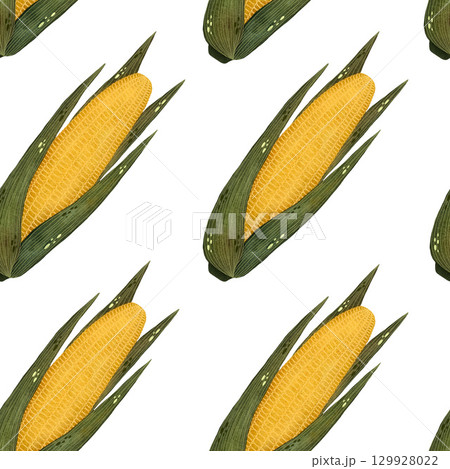 Seamless watercolor pattern of bright yellow corn cobs with green leaves on a white background. Cheerful and rustic, perfect for farm-to-table designs, autumn themes, and food-related projects. Hand Seamless watercolor pattern of bright yellow corn cobs with green leaves on a white background. Cheerful and rustic, perfect for farm-to-table designs, autumn themes, and food-related projects. Hand 129928022