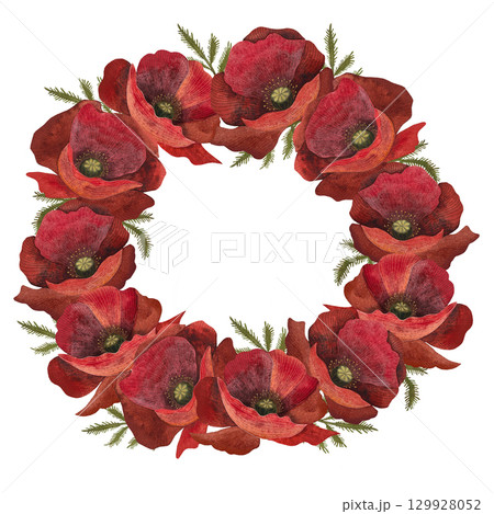 Watercolor illustration of a round wreath of red poppy flowers on a white background. Bold and elegant, perfect for remembrance day designs, summer themes, and floral arrangements. Hand-painted with Watercolor illustration of a round wreath of red poppy flowers on a white background. Bold and elegant, perfect for remembrance day designs, summer themes, and floral arrangements. Hand-painted with 129928052
