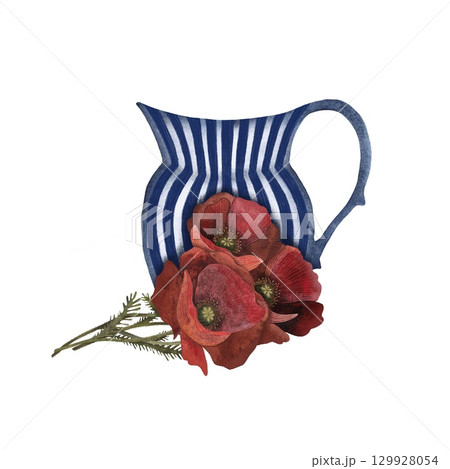 Watercolor illustration of a bouquet of red poppies lying in front of a blue and white ceramic vase on a white background. Rustic and charming, perfect for floral designs, summer themes, and home Watercolor illustration of a bouquet of red poppies lying in front of a blue and white ceramic vase on a white background. Rustic and charming, perfect for floral designs, summer themes, and home 129928054