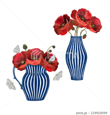 Red poppy floral botanical flower in blue and white ceramic vase with stripes, surrounded by butterflies, isolated poppy illustration element, Red poppy in watercolor technique, sparkling with bright Red poppy floral botanical flower in blue and white ceramic vase with stripes, surrounded by butterflies, isolated poppy illustration element, Red poppy in watercolor technique, sparkling with bright 129928099