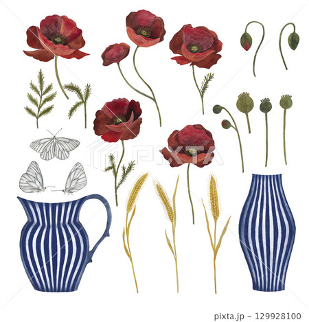 Red poppy floral botanical flower in blue and white ceramic vases with stripes, butterflies and wheat, Isolated poppy illustration element, Red poppy in watercolor technique, sparkling with bright 129928100