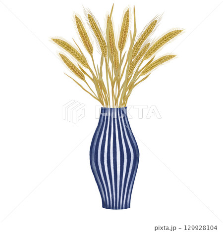 Wheat ears in a blue and white ceramic vase with stripes, wheat watercolor illustration set, hand-drawn wheat set isolated on a white background 129928104