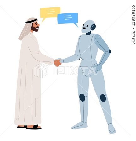 Arab businessman shakes hands with robot. Handshake gesture. Partners communication. Innovation technology. Interaction with artificial intelligence. Arabian talking with AI. Vector concept 129928105