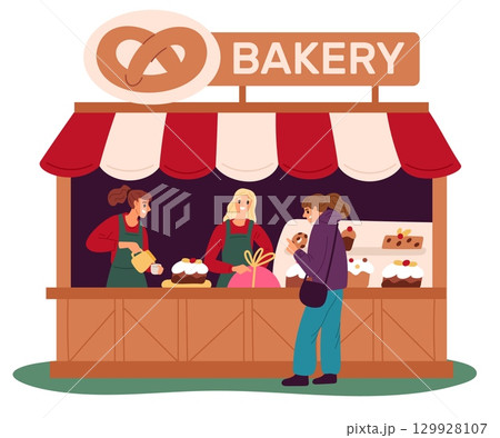 Girl buys coffee and pastry at bakery and cake shop. Donuts selling. Cookies or desserts at showcase. Seller at counter. Retail kiosk with awning. Buyer paying for meal. Vector concept 129928107