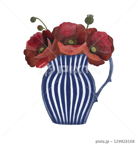 Red poppy floral botanical flower in blue and white ceramic vase with stripes, isolated poppy illustration element, Red poppy in watercolor technique, sparkling with bright petals. Red poppy floral Red poppy floral botanical flower in blue and white ceramic vase with stripes, isolated poppy illustration element, Red poppy in watercolor technique, sparkling with bright petals. Red poppy floral 129928108