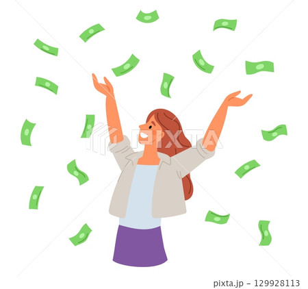 Joyful girl catching green paper bills falling from top. Woman rejoicing over money. Financial success. Investment profit. Dollar banknotes rain. Millionaire earnings. Vector concept 129928113