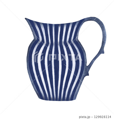 Blue and white ceramic vase with stripes watercolor illustration, elegant vase with stripes isolated on a white background, A beautiful illustration perfect for home decor, interior design, and Blue and white ceramic vase with stripes watercolor illustration, elegant vase with stripes isolated on a white background, A beautiful illustration perfect for home decor, interior design, and 129928114
