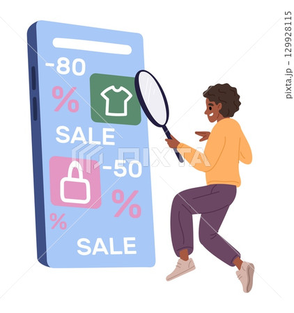Joyful woman searches her smartphone for discounts. Customer finding sales on marketplace offers. Online shopping app. Buyer with magnifying glass. Looking for promotion. Vector concept Joyful woman searches her smartphone for discounts. Customer finding sales on marketplace offers. Online shopping app. Buyer with magnifying glass. Looking for promotion. Vector concept 129928115