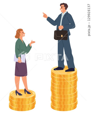 Man and woman stand on different numbers of gold coins. Gender inequality and cash income gap. Career sexism. Salaries comparison. Unfair payments. Financial earnings. Vector concept Man and woman stand on different numbers of gold coins. Gender inequality and cash income gap. Career sexism. Salaries comparison. Unfair payments. Financial earnings. Vector concept 129928137