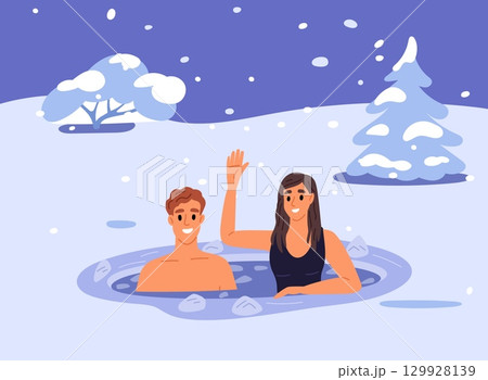 Man and woman swim in ice hole in winter. Bathing in cold water to strengthen immunity and health. Swimming in freeze bath. Hardening in nature. Immersion in frozen lake. Vector concept 129928139