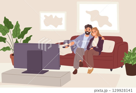 Man and woman watching movie on large TV. Couple in love sitting on couch in apartment. Living room. People at television. Home entertainment. Wife and husband lazy leisure. Vector concept Man and woman watching movie on large TV. Couple in love sitting on couch in apartment. Living room. People at television. Home entertainment. Wife and husband lazy leisure. Vector concept 129928141