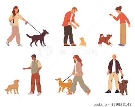 Men and women walk and play with their pets. People take care of dogs. Domestics animal at leash. Obedience training. Stroll with canine mammal companion. Vector happy puppy owners set Men and women walk and play with their pets. People take care of dogs. Domestics animal at leash. Obedience training. Stroll with canine mammal companion. Vector happy puppy owners set 129928148