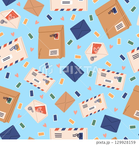 Postage parcels, letters and envelopes with post stamps seamless pattern. Mail delivery. Postal correspondence. Repeated print. Airmail message postmarks and seals. Vector background 129928159