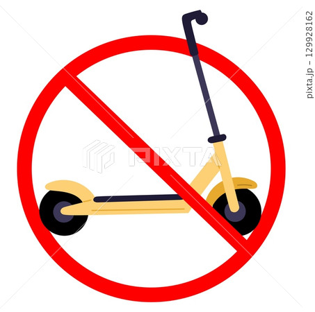 Prohibiting sign no scooters. Electric bike prohibited icon. Forbidden transport. City transportation regulation. Red crossed circle. Urban traffic. Caution symbol. Vector stop pictogram 129928162