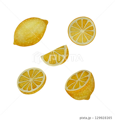 A watercolor illustration featuring a variety of juicy yellow lemons in different forms—whole, halves, wedges, and slices—set against a white background. This vibrant and fresh design is perfect A watercolor illustration featuring a variety of juicy yellow lemons in different forms—whole, halves, wedges, and slices—set against a white background. This vibrant and fresh design is perfect 129928165