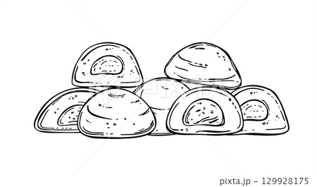 Whole and cutting mochi in various filling black and white vector isolated illustration. Daifuku or wagashi pile. Traditional Asian dessert for packaging, Japanese cuisine, culinary illustration Whole and cutting mochi in various filling black and white vector isolated illustration. Daifuku or wagashi pile. Traditional Asian dessert for packaging, Japanese cuisine, culinary illustration 129928175