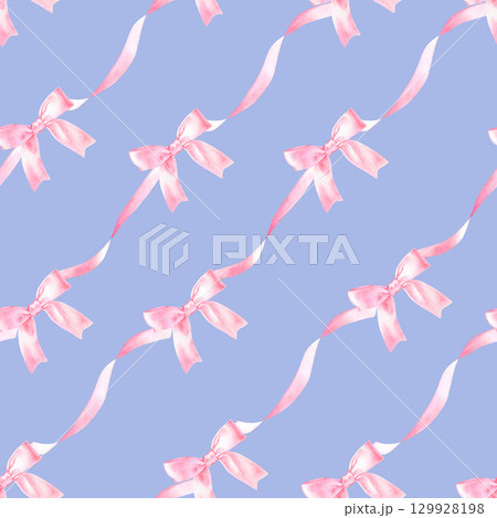 Seamless pattern with pink bow and ribbon, hand drawn in watercolor. 129928198