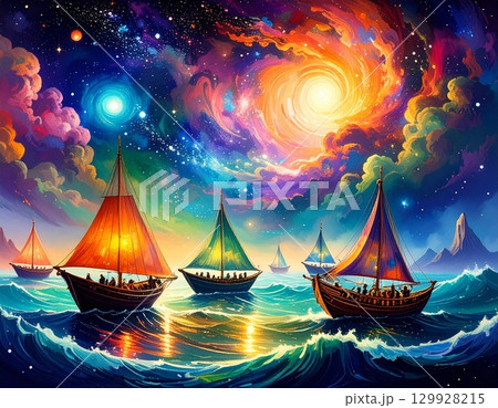 満月の夜に海に浮かぶヨット 129928215