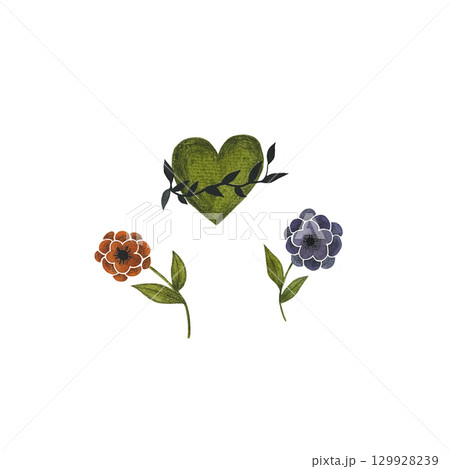 Watercolor set of botanical illustration with magical illustration with flowers and leaves, two flowers and green heart with leaves isolated on white background 129928239