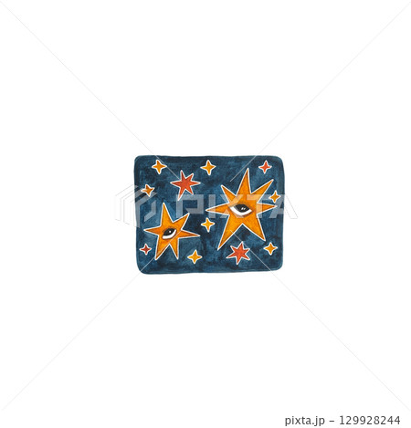 Watercolor yellow and orange stars illustration on blue background, starry sky drawing, night sky hand drawn, stars with human black eye, star design element isolated on white background 129928244