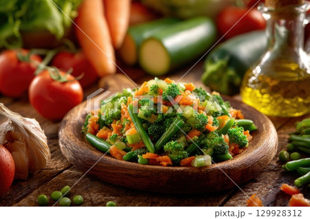 Large bowl of freshly steamed mixed fresh vegetables. Vibrant dish of Steaming Vegetables on old wooden table. Broccoli, carrots, green beans, and snow peas. Healthy cooking. Vegetable garden produce 129928312