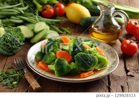 Large bowl of freshly steamed mixed fresh vegetables. Vibrant dish of Steaming Vegetables on old wooden table. Broccoli, carrots, green beans, and snow peas. Healthy cooking. Vegetable garden produce Large bowl of freshly steamed mixed fresh vegetables. Vibrant dish of Steaming Vegetables on old wooden table. Broccoli, carrots, green beans, and snow peas. Healthy cooking. Vegetable garden produce 129928313