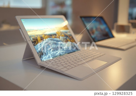 Modern laptop with colorful rainbow screen on white background for digital monitor design. Vibrant sleek laptop displaying colorful futuristic abstract digital art. Tablet vibrant display. Front view 129928325