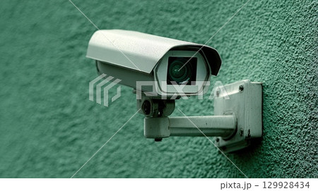 Surveillance camera on green wall 129928434