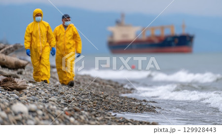 Workers in Yellow Hazmat Suits Walking on Beach Workers in Yellow Hazmat Suits Walking on Beach 129928443