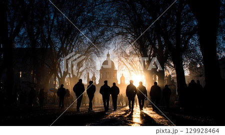 Silhouettes of people walking towards city landmark at sunrise Silhouettes of people walking towards city landmark at sunrise 129928464
