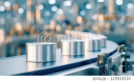 Metal cans on conveyor in food production factory Metal cans on conveyor in food production factory 129928510