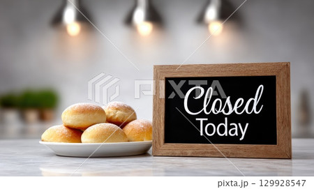 Fresh bread rolls with closed today sign Fresh bread rolls with closed today sign 129928547