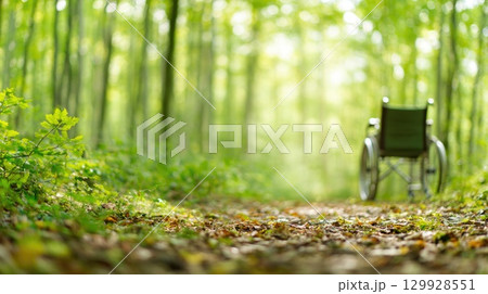 Empty wheelchair in forest trail Empty wheelchair in forest trail 129928551