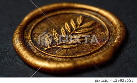Golden wax seal with laurel branch 129928553